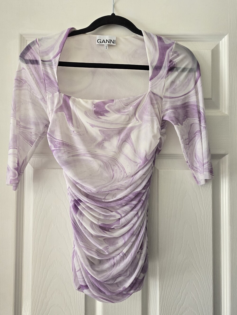 GANNI Half-Sleeve Lavender Marble Ruched Scoop Top, Size EU 34